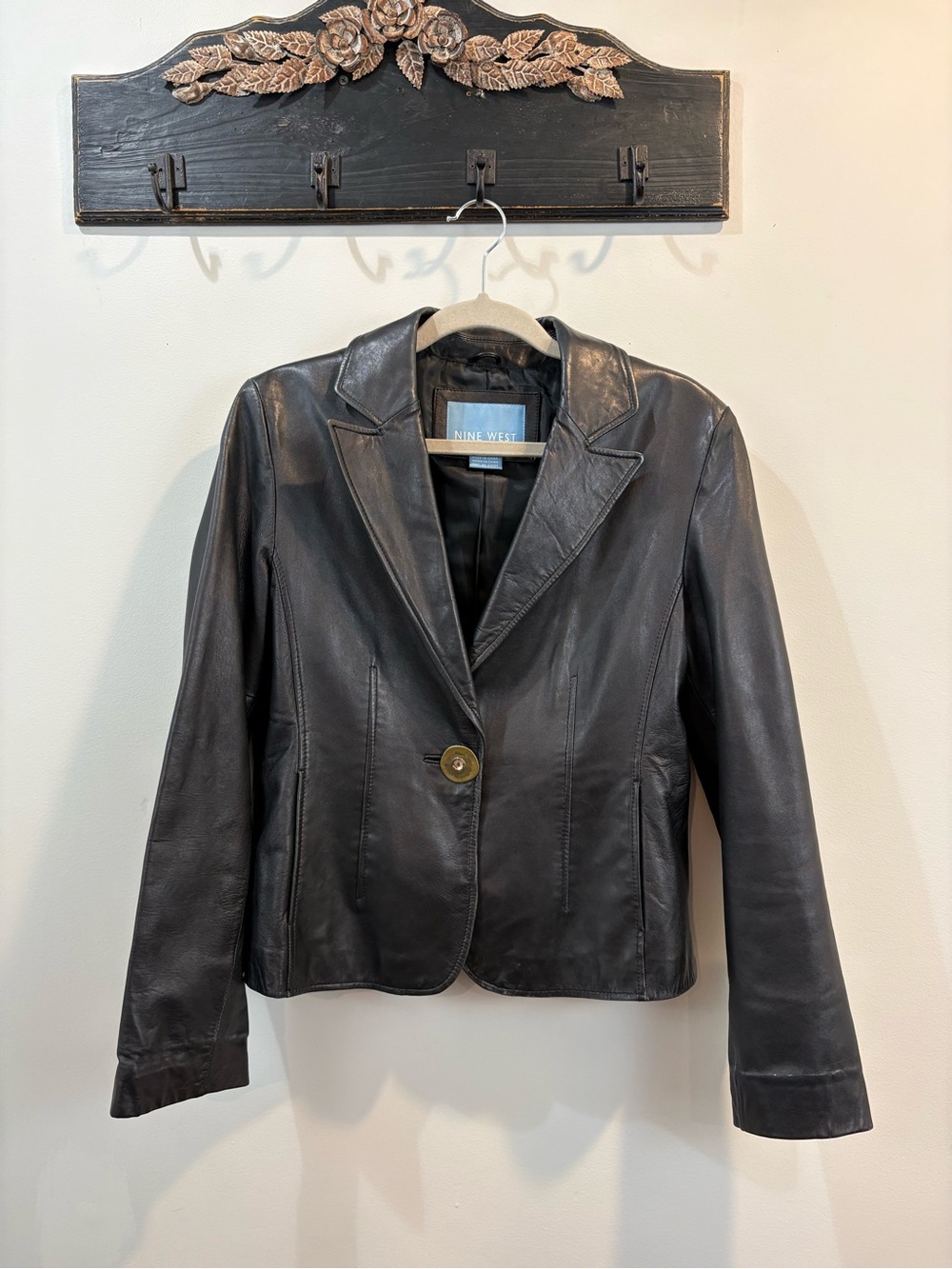 Vintage Nine West Boho Black Soft Leather Jewel Brass Button Jacket Size Large